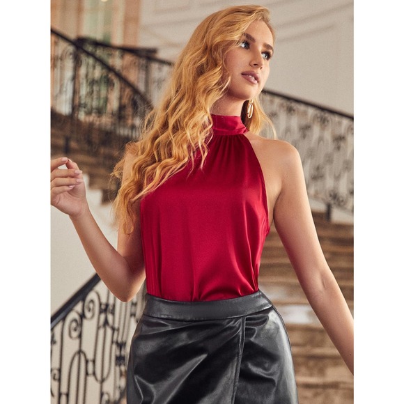 High Neck Satin Halter Top Tank black - Picture 7 of 11